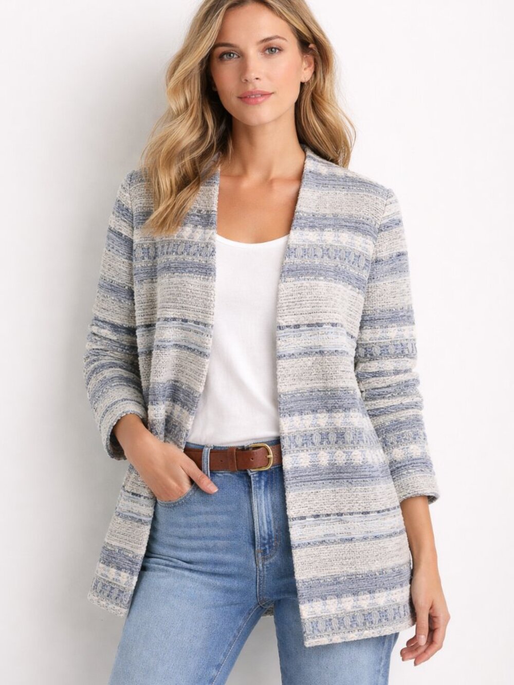 H&M Blue and White Striped Open-Front Cardigan